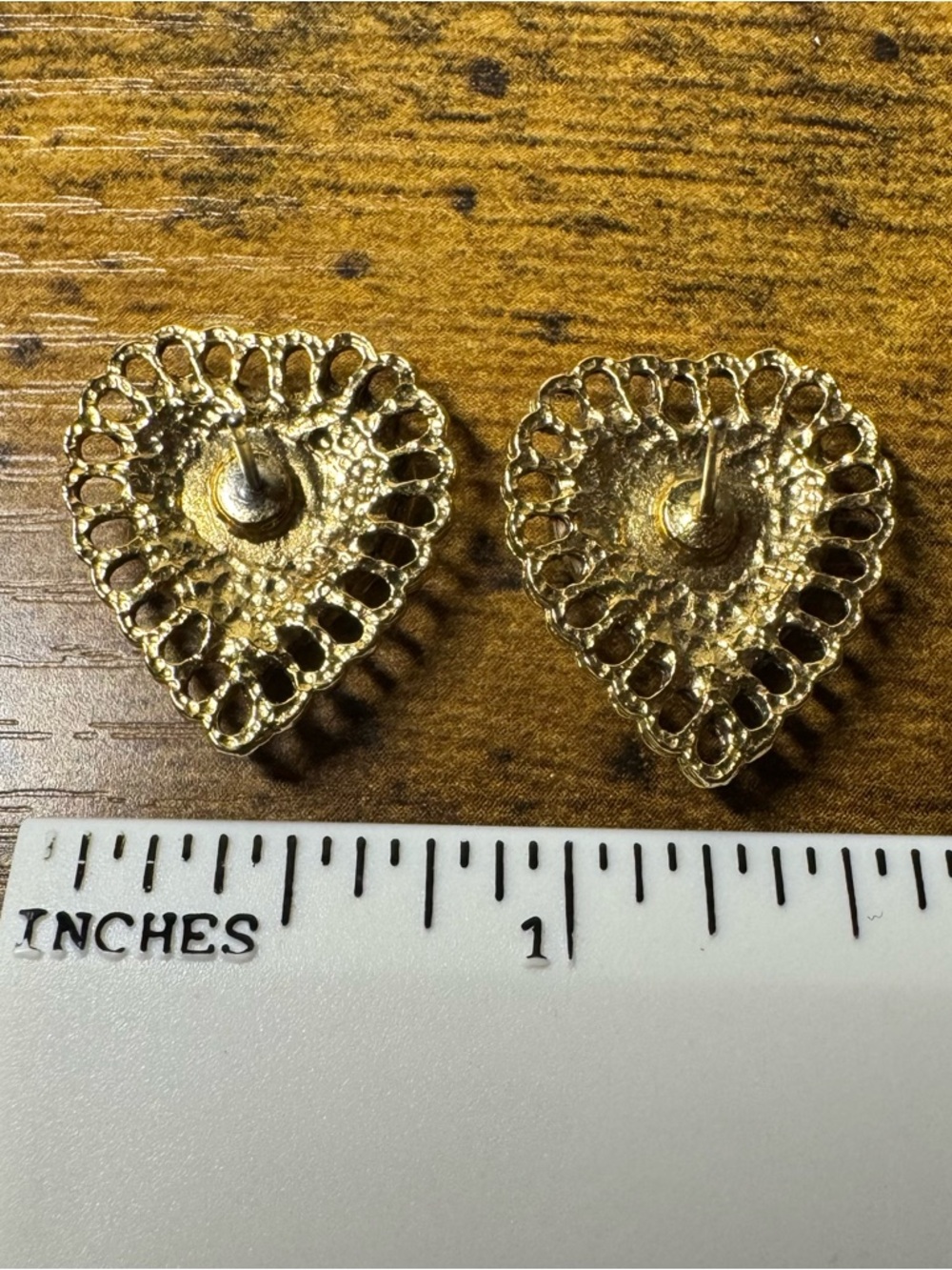Vintage Gold Tone Heart Stud Earrings Hand Painted Rose Cabochon - Picture 5 of 5